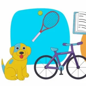 Grafisk bild på en hund, tennisracket och cykel