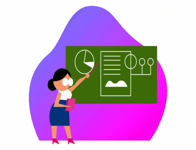Graphic image of woman presenting graphs on black board