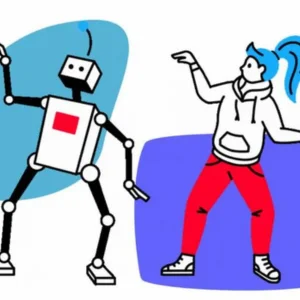 Grafisk bild på kvinna och robot som dansar